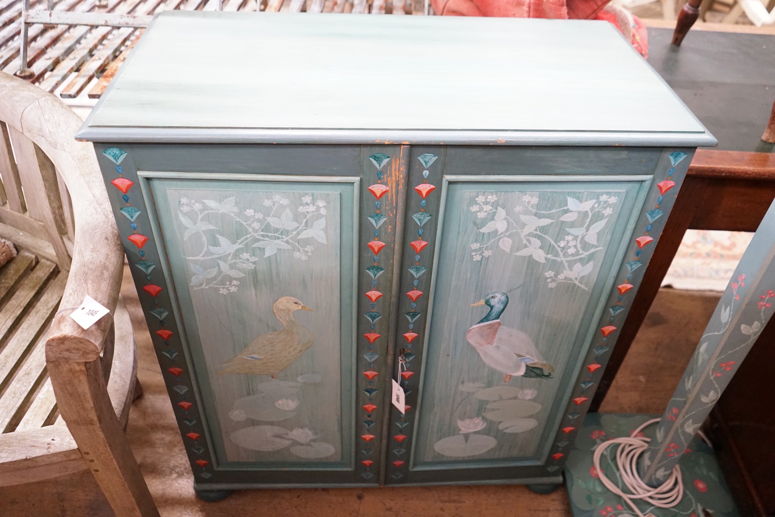 A painted pine two door cabinet, width 84cm, depth 43cm, height 93cm and matching floor lamp - Image 2 of 4