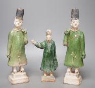 Three Chinese Ming pottery figures of attendants, 28cm tall