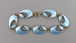 A stylish 20th century Norwegian gilt 925 and blue enamel set oval link bracelet, possibly by Finn