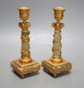 A pair of neoclassical revival green onyx and ormolu candlesticks, c.1900 - 20cm tall