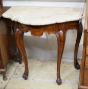 A 19th century and later French marble top walnut console table, width 81cm, depth 47cm, height