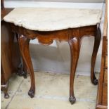 A 19th century and later French marble top walnut console table, width 81cm, depth 47cm, height