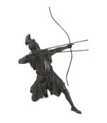 A Japanese bronze figure of a kneeling archer, Meiji period, signed to a raised tablet ‘…zan’ 40