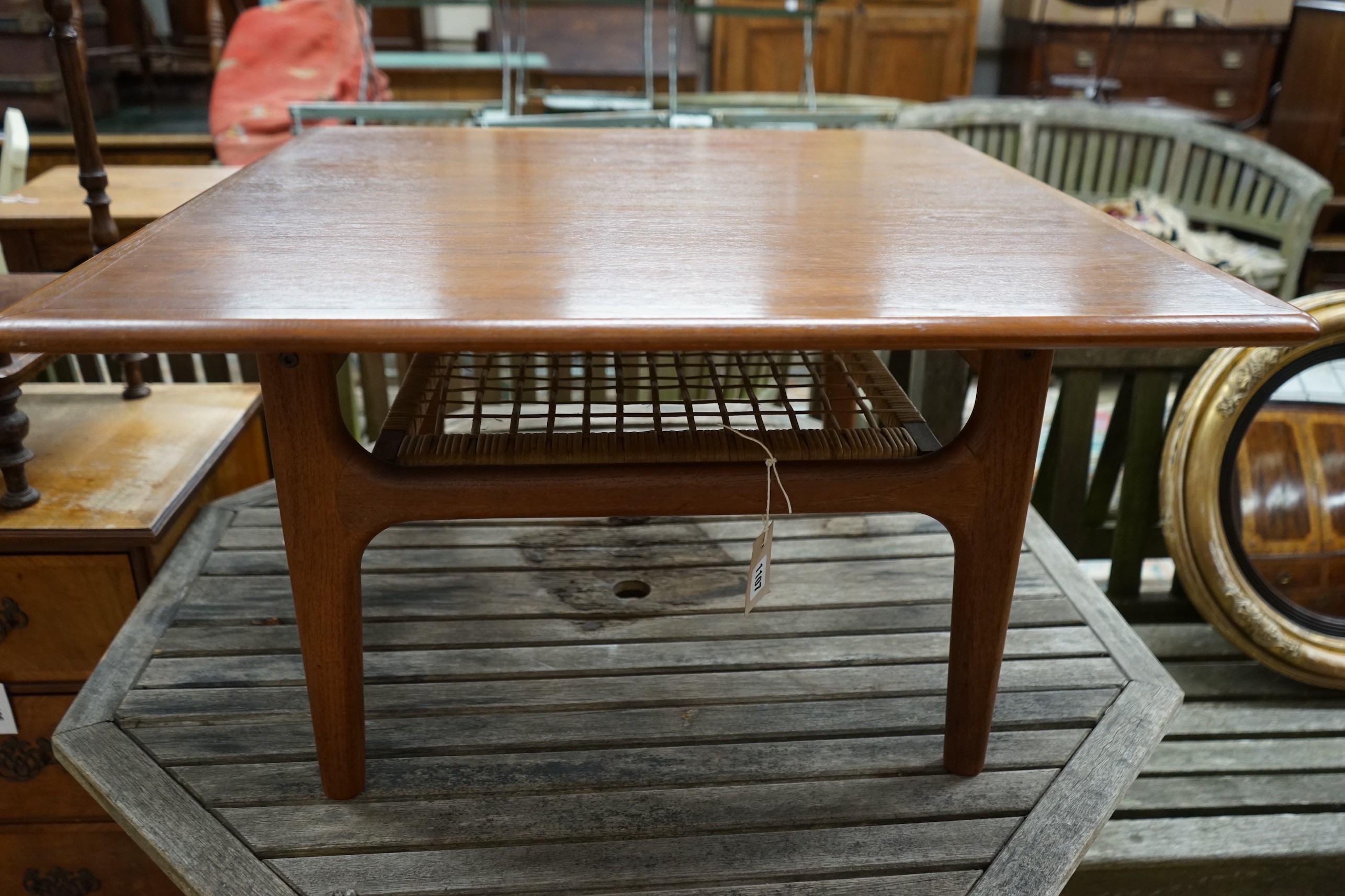 A mid century design Trioh Mobler Danish square teak coffee table with cane undertier, width 74cm, - Image 2 of 4