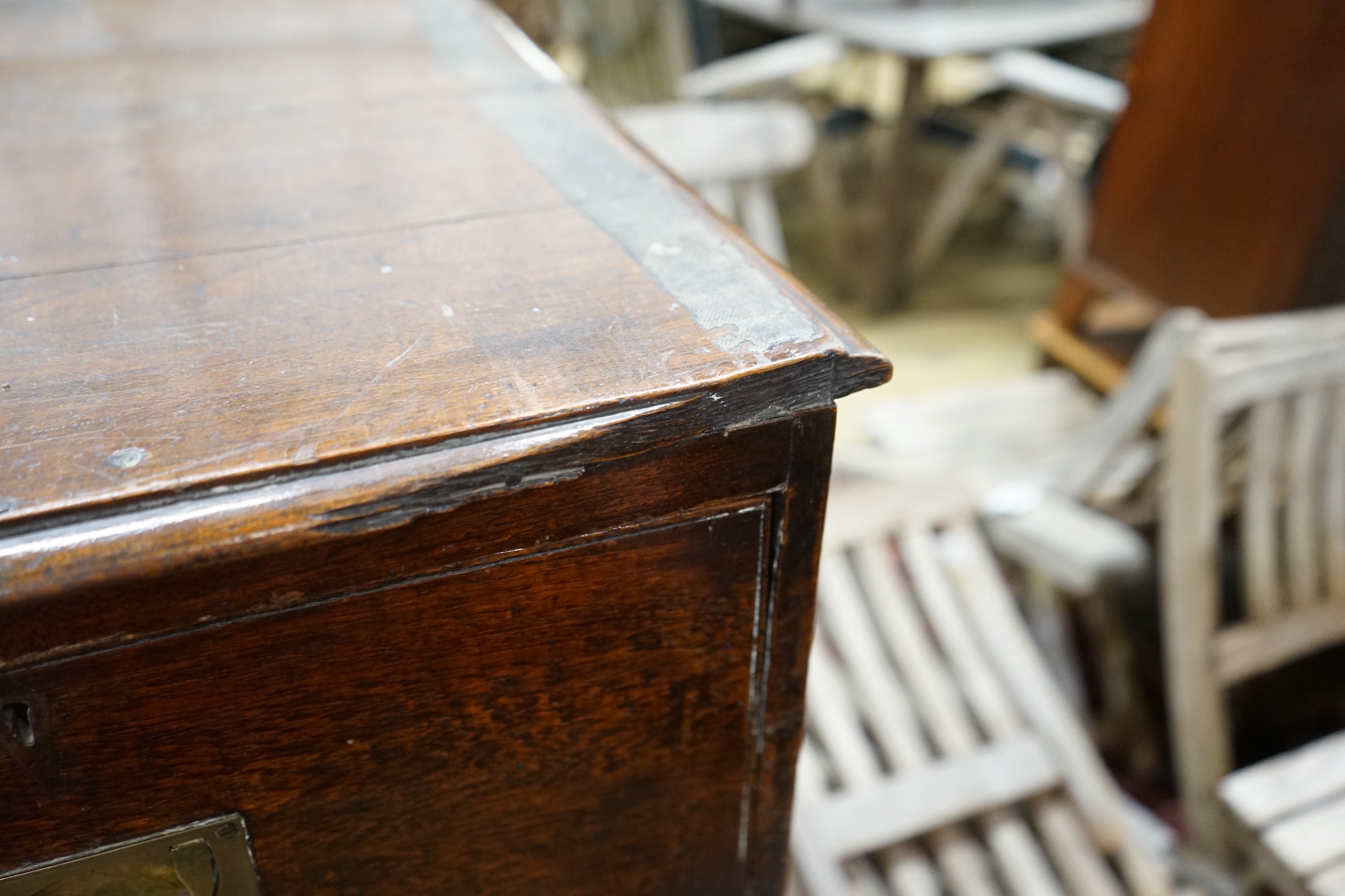 An early 19th century teak military chest with twin brass side handles, width 89cm, depth 62cm, - Image 4 of 4