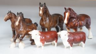 A group of four various Beswick Shire horses and two models of champion bulls,largest shire 27 cms