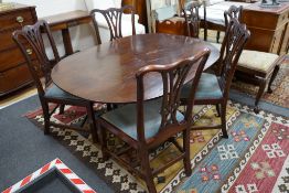 A George III oval mahogany tilt top dining table, altered, width 146cm, depth 106cm, height 69cm