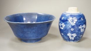 A Chinese powder blue bowl, early 18th century and a Chinese blue and white prunus jar - tallest