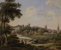 19th century English School, oil on canvas, Cattle drover in a landscape with castle beyond, 24 x