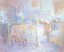 Mark Rowbotham (1959-), oil on board, Bedroom interior with female nude, initialled and dated '91,