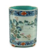 A Chinese famille rose fencai brush pot, Qianlong seal mark but 19th century, of quatrelobed form on