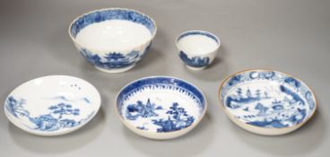 A group of Chinese blue and white: 3 dishes, a tea bowl and a bowl, 18th century