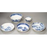 A group of Chinese blue and white: 3 dishes, a tea bowl and a bowl, 18th century