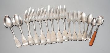 Seven items of assorted 19th century silver fiddle pattern flatware, various dates and makers and