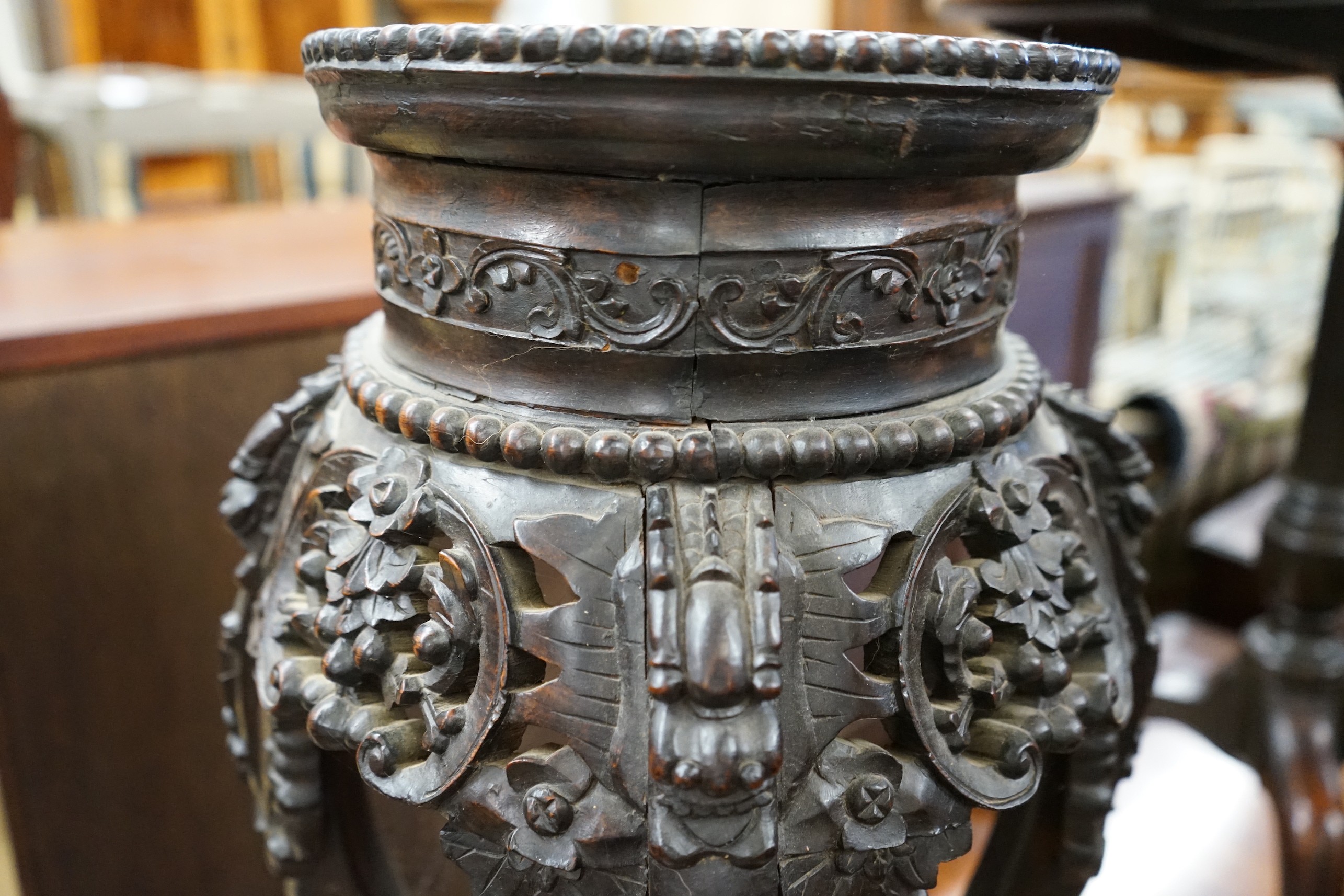 A Chinese carved hardwood marble topped vase stand, width 30cm, height 66cm - Image 4 of 4