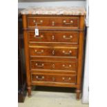 A late 19th/early 20th century French brass mounted mahogany marble top five drawer chest, width