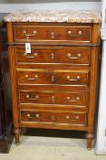 A late 19th/early 20th century French brass mounted mahogany marble top five drawer chest, width