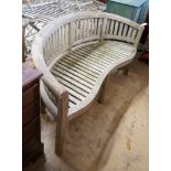 A weathered teak garden banana bench, length 160cm, height 84cm