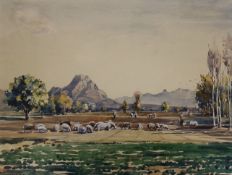 Yervand Nahabedian (1913-2006), watercolour, Shepherd and flock in a landscape, signed and dated "