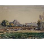 Yervand Nahabedian (1913-2006), watercolour, Shepherd and flock in a landscape, signed and dated "