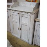 A Victorian painted pine marble top two door kitchen cabinet, width 89cm, depth 50cm, height 107cm