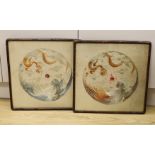 A pair of Chinese embroidered silk dragon and phoenix roundels, c1910, hougmu frames