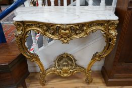 A 19th century and later giltwood console table with white marble top, width 103cm, depth 49cm,