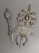 A Tibetan metal phurba and a South Asian metal finial,finial 22cms high.