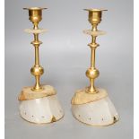 A pair of gilt metal and hardstone 'hoof' candlesticks, 19cm