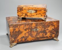 Two William IV simulated tortoiseshell pokerwork sewing boxes - largest 35.5cm wide, 15.5cm tall,