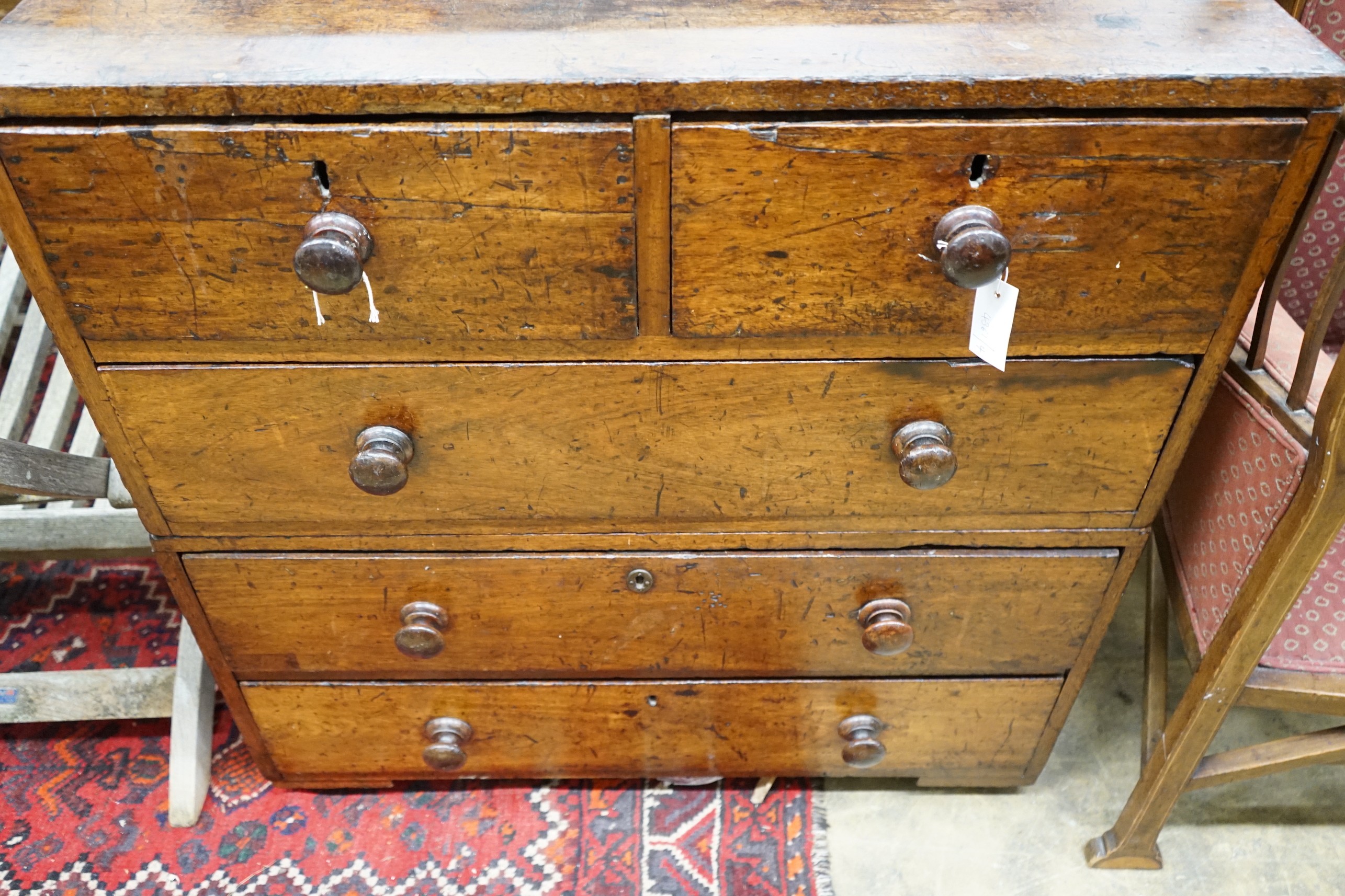 A 19th century mahogany two part chest with later turned wood handles, width 90cm, depth 49cm, - Image 3 of 4