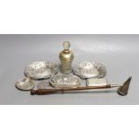 Mixed silver including wooden handled candle extinguisher, pin dish, box and mounted scent bottle