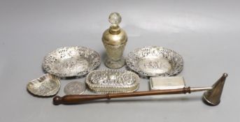 Mixed silver including wooden handled candle extinguisher, pin dish, box and mounted scent bottle