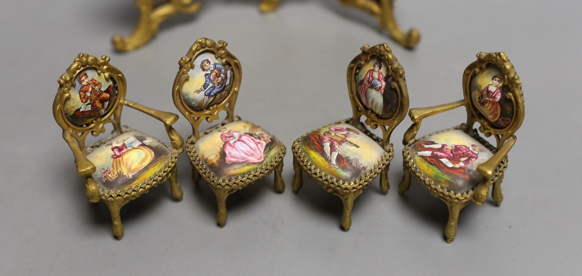 A suite of Viennese enamelled miniature furniture: 3 fold screen, table, salon sofa, a pair of - Image 4 of 5