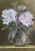 Adrianus Cyriacu Bleys (Dutch, 1842-1912), pastel, Still life of Rhododendron blooms in a glass
