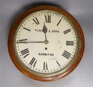 A Turner & Sons circular mahogany single fusee wall clock