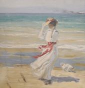 After Sir John Lavery, oil on canvas, Woman and dog on the seashore, bears signature, 50 x 51cm,