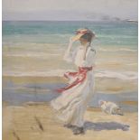 After Sir John Lavery, oil on canvas, Woman and dog on the seashore, bears signature, 50 x 51cm,