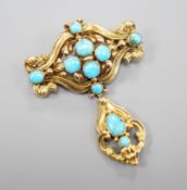 A Victorian yellow metal and turquoise cluster set drop brooch, 45mm, gross weight 6.9 grams.