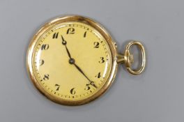 A continental yellow metal open faced dress pocket watch, case diameter 45mm, gross weight 45.8