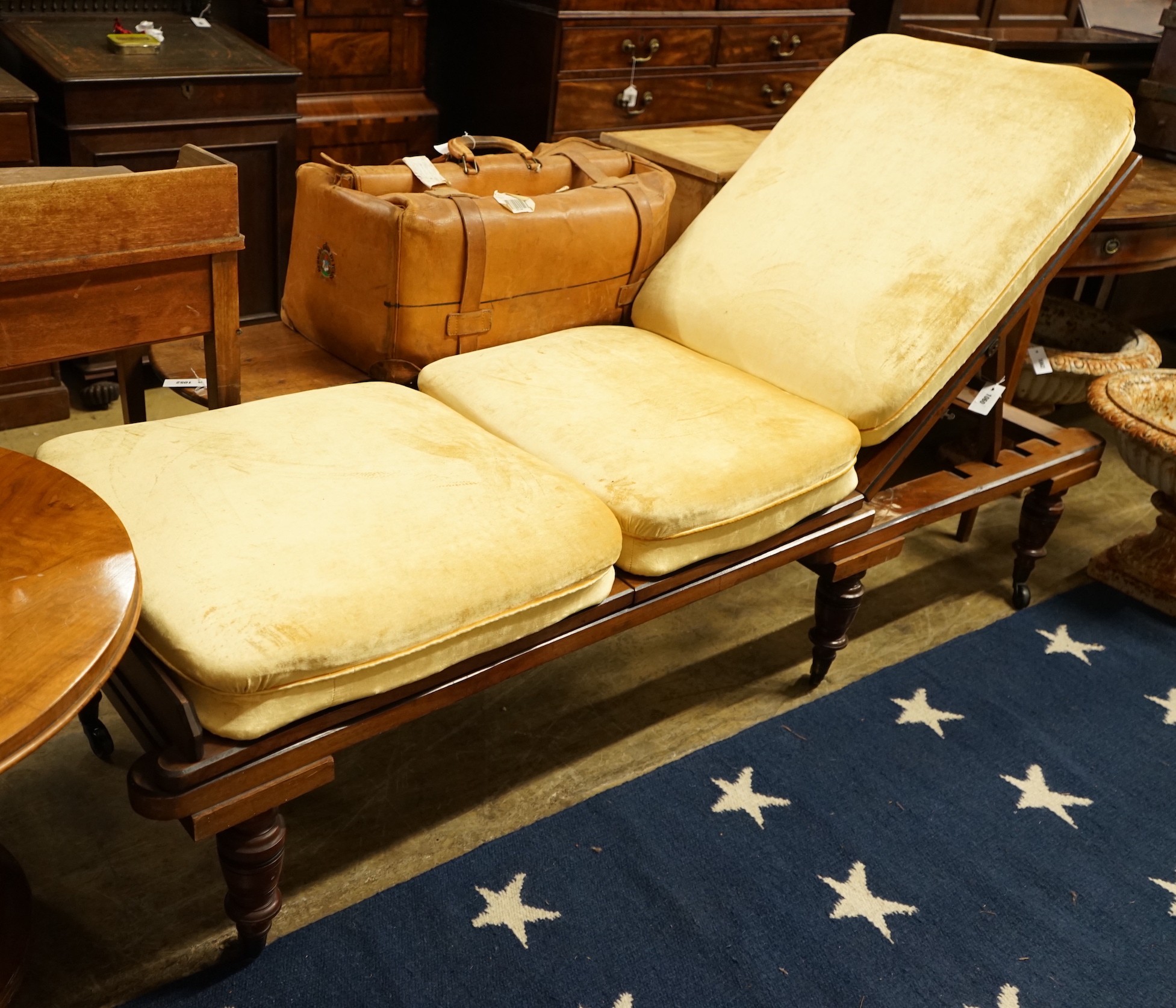 A Victorian mahogany folding campaign daybed, length 200cm