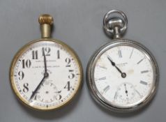 A chromium cased Waltham military pocket watch, one other pocket watch and two wrist watches.