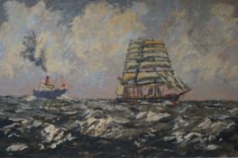 Vic Ellis (1921-1984) (Wapping Group) 'Steam and Sail'oil on boardsigned50 x 75cm