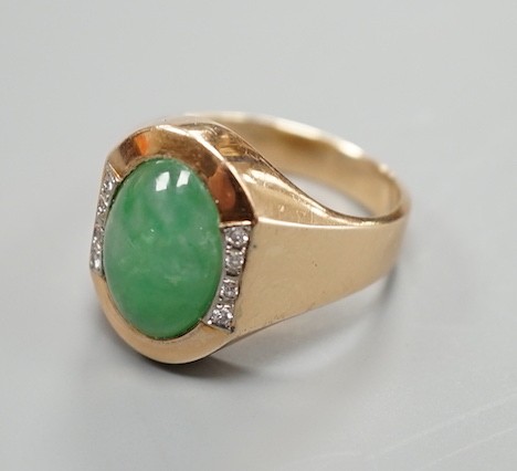 A 14k, cabochon jade and diamond chip set dress ring, size R/S, gross 7.6 grams. - Image 2 of 4