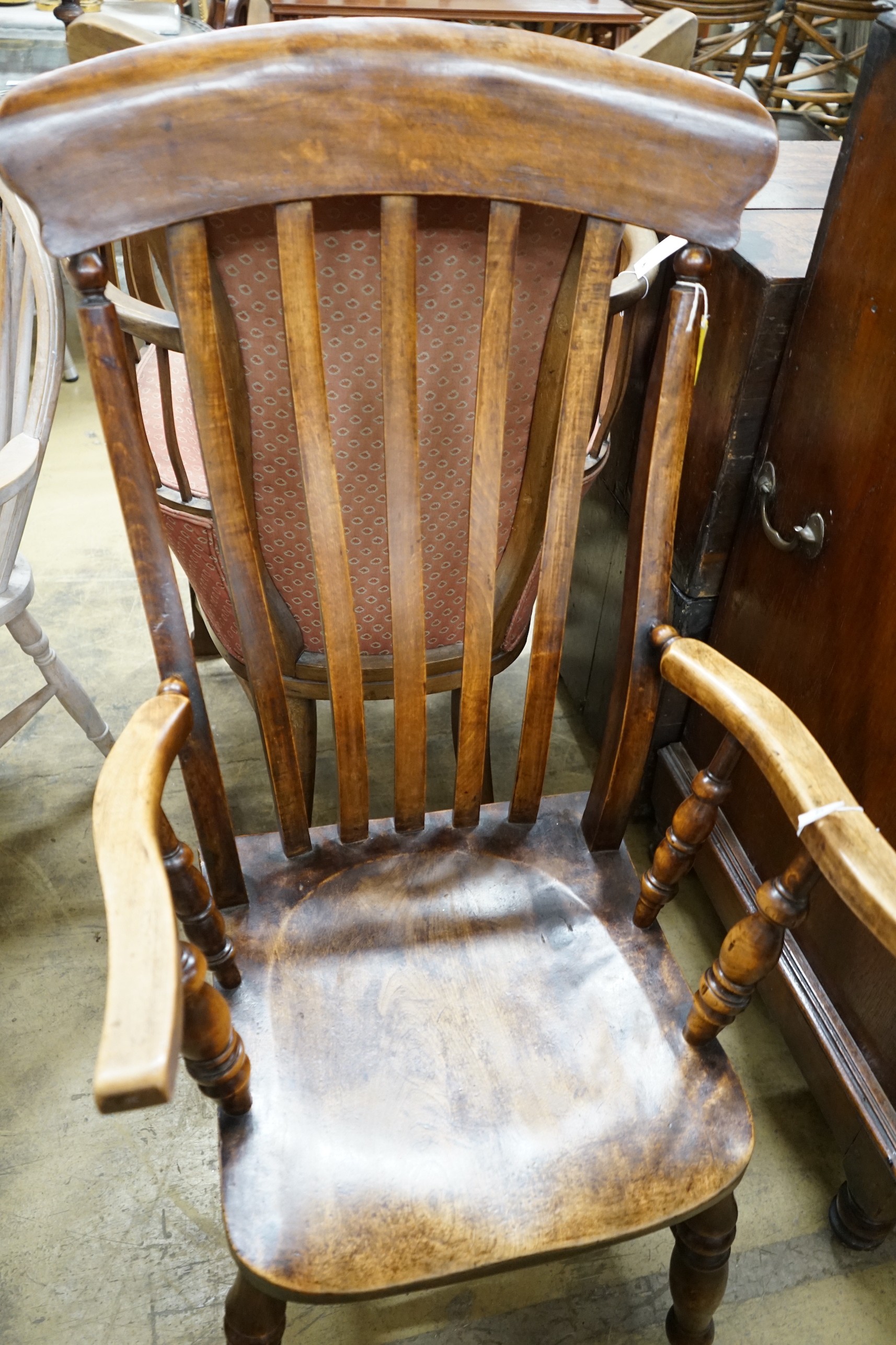 A Victorian elm and beech Windsor lathe back armchair, width 58cm, depth 46cm, height 115cm - Image 3 of 3