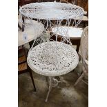 A painted wirework circular garden table and a painted aluminium garden table, larger diameter 60cm,