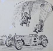 Russell Brockbank (1913-1979), original pen and ink cartoon for ‘The Motor’, paratroopers landing in