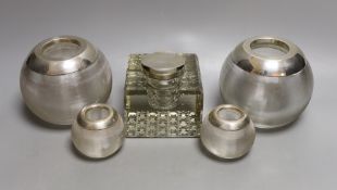 Two pairs of early to mid 20th century silver mounted ribbed glass match tidies, largest height 11cm