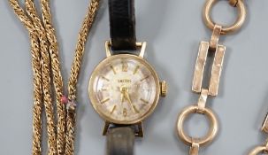 A 9ct bracelet, a 9kt necklace, 11.5 grams, and a lady's 9ct gold Smiths, manual wind wrist watch,