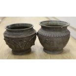 Two Japanese bronze planters,top being 25 cms diameter.